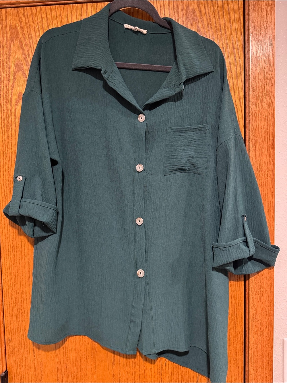 Relaxed Forest Green Button-Down Women's Top